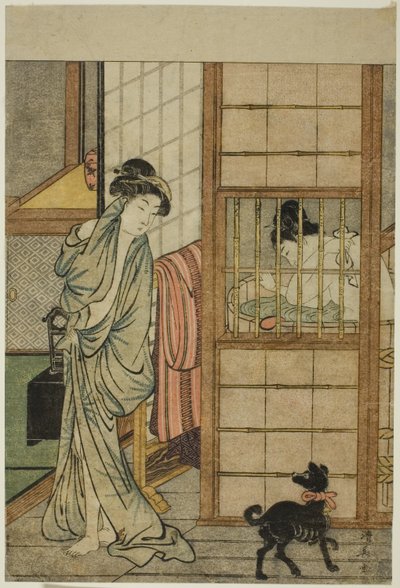 Frau nach einem Bad, aus "Vergleich der verlockenden Schönheiten (Irokurabe enpu sugata)" von Torii Kiyonaga