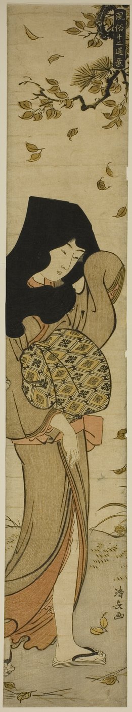 Frau mit schwarzer Kapuze in windgepeitschten Blättern, aus der Serie "Zwölf Szenen der Volksbräuche" von Torii Kiyonaga