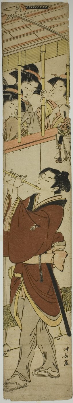 Junger Mann spielt Flöte, während drei Mädchen zuschauen von Torii Kiyonaga