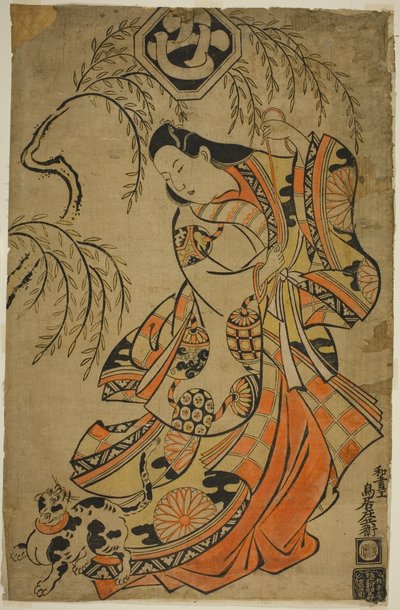 Der Schauspieler Uemura Kichisaburo als die dritte Prinzessin im Stück "Wakoku Gosuiden," aufgeführt im Morita-Theater im dritten Monat von Torii Kiyonobu II