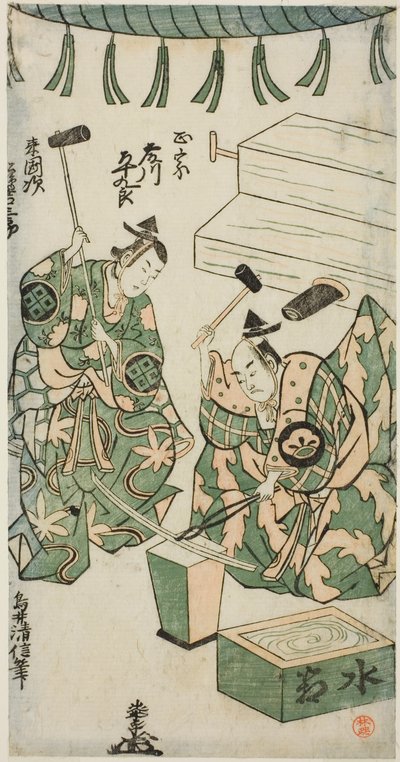 Die Schauspieler Fujikawa Heikuro als Masamune und Matsushima Kichisaburo als Rai Kunitsugu im Stück "Shin Usuyuki Monogatari", aufgeführt im Nakamura-Theater im sechsten Monat, 1746 von Torii Kiyonobu II