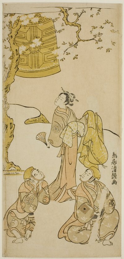Die Schauspieler Segawa Kikunojo II, Ichikawa Komazo II und Arashi Otohachi I im Stück "Fude Hajime Soga no Tamazusa," aufgeführt im Nakamura-Theater im ersten Monat, 1768 von Torii Kiyotsune