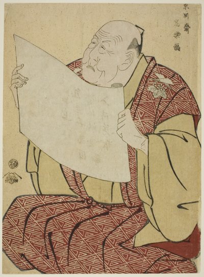 Der Theatermanager Shinozuka Uraemon liest das Programm für das Miayako-Theater von Toshusai Sharaku