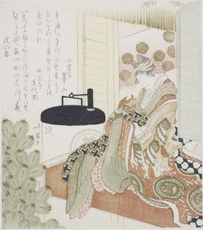 Kurtisane, die auf einer Veranda neben einer Laterne sitzt von Totoya Hokkei