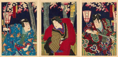 Die Schauspieler Nakamura Shikan IV als Fuwa Banzaemon, Nakamura Fukusuke IV als das Dienstmädchen und Kataoka Gado III als Nagoya Sanzaburo von Toyohara Kunichika