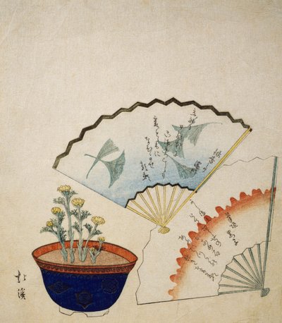 Vase mit Adonis und zwei Fächern, dekoriert mit Gedichten von Ichotei Mitsunori und Fudegaki, um 1830 von Toyota Hokkei