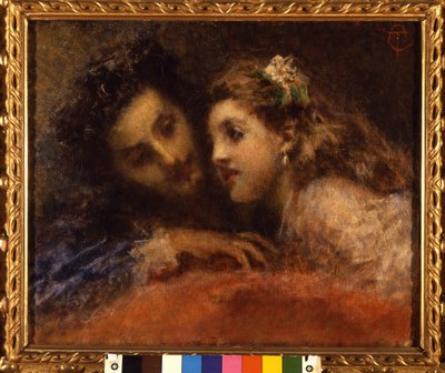 Attrazione (Anziehung), ein Mann beugt sich in einer vertrauten und beruhigenden Weise zu einem Kind. Er ist wahrscheinlich ein Vater und seine Tochter. Gemälde von Tranquillo Cremona (1837-1878) Galleria d