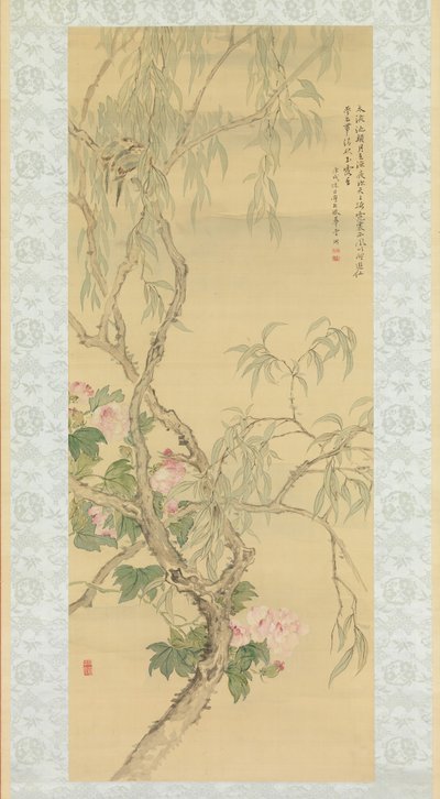 Kleine Vögel auf einem Weidenzweig und Hibiskusblüten, datiert Herbst 1850 von Tsubaki Chinzan