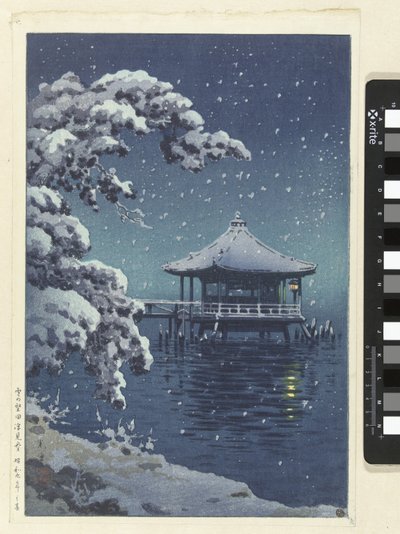 Das schwimmende Pavillon in Katada im Schnee von Tsuchiya Kōitsu