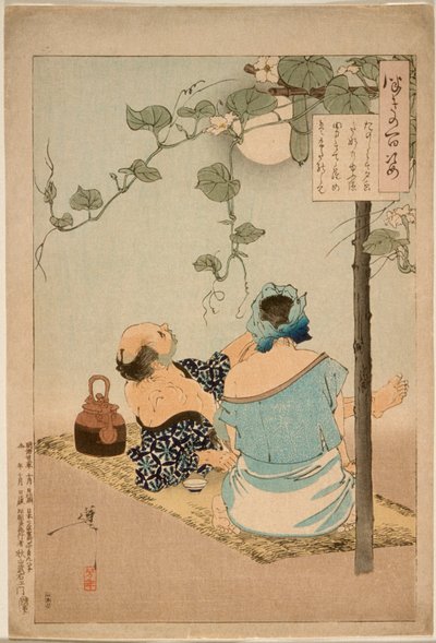 Ein Paar genießt die blühende Abendgesichtslaube von Tsukioka Yoshitoshi