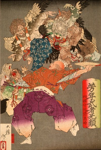 Hōjō Takatoki, Herr von Sagami, wehrt Tengu mit seinem Fächer ab von Tsukioka Yoshitoshi