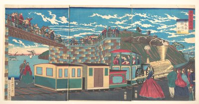 Illustration der Dampflokomotivspuren in Takanawa, aus der Serie Berühmte Orte in Tokio von Tsukioka Yoshitoshi