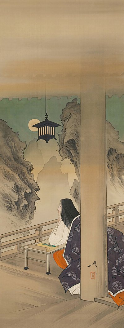 Murasaki Shikibu im Ishiyamadera-Tempel, basierend auf dem Druck..., ca. 1892 von Tsukioka Yoshitoshi