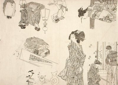 Vorbereitende Zeichnungen für Illustrationen von Melodramen von Tsukioka Yoshitoshi