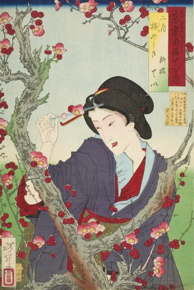 Zweiter Monat: Tei von Shinbashi bei einem Pflaumenbaum in Umeyashiki von Tsukioka Yoshitoshi