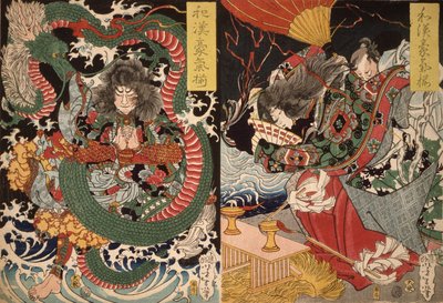 Tawaraya Tda und ein Drache und Ono no Komachi beten um Regen aus der Serie Tapferkeit in China und Japan, 1868 von Tsukioka Yoshitoshi