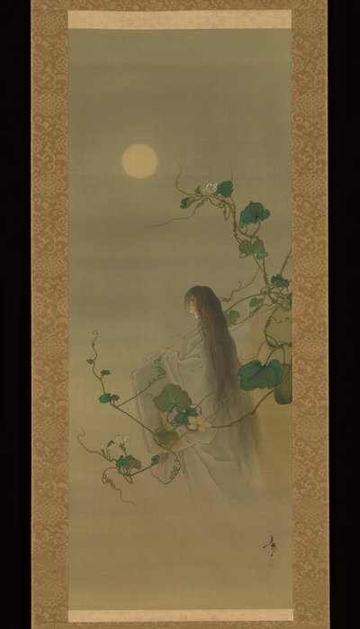 Der Geist der verstorbenen Yūgao in Mondblumenranken, basierend auf dem Druck „Die Dame der Abendgesichter“ aus der Serie Hundert Aspekte des Mondes von Tsukioka Yoshitoshi