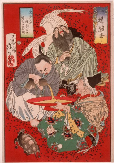 Tōbōsaku, Miura Yoshiaki der Steuereintreiber, und Urashima Tarō beim Weingenuss von Tsukioka Yoshitoshi