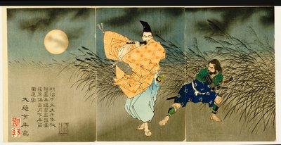 Triptychon von "Fujiwara No Yasumasa spielt Flöte im Mondlicht", 1883 von Tsukioka Yoshitoshi