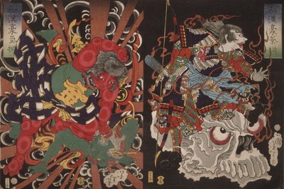 Krieger auf Schädel und Kintoki überwältigt einen Dämon, aus der Serie Tapferkeit in China und Japan von Tsukioka Yoshitoshi