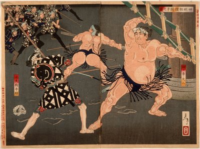 Yotsuguruma Daihachi und Kotengu Heisuke Duell während der Schlacht der Ringer und Feuerwehrleute am Shinmei-Schrein von Tsukioka Yoshitoshi
