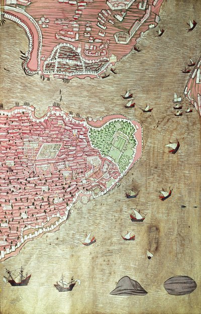 Ansicht des Topkapi-Palastes und der Bosporus-Straße, Istanbul, aus dem Hunername von Lokman, 1558 von Turkish School