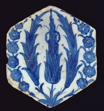 Hexagonale Isnik-Fliese mit Zypressen und einer Prunus, 1560-70 von Turkish School