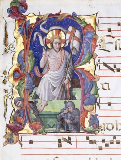 Sehr großer historisierter Buchstabe "A", der die Auferstehung zeigt, ca. 1400-1450 von Tuscan School