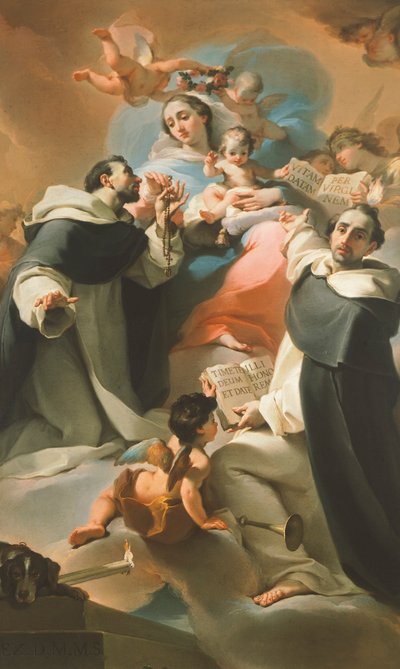Unsere Liebe Frau vom Rosenkranz mit Kind, St. Dominikus und St. Vinzenz Ferrer, ca. 1773 von Ubaldo Gandolfi