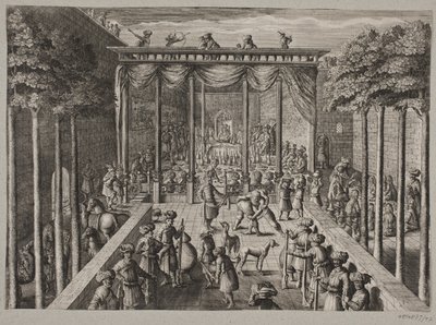 Bankett in einem orientalischen Garten. Im Vordergrund Schützen und Männer im Ringkampf von Ubekendt