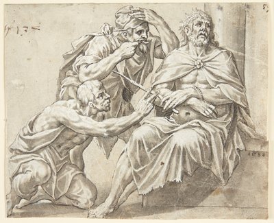 Der sitzende, dornengekrönte Christus wird von zwei Schergen verspottet, einer stehend, der andere kniend links von Ubekendt