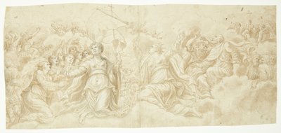 Eine Versammlung von Heiligen auf Wolken, alle nach oben schauend. Wahrscheinlich das untere Register eines Jüngsten Gerichts. Zentral platziert sind die Hl. Katharina von Alexandria und Ursula, letztere umgeben von einigen ihrer Jungfrauen von Ubekendt
