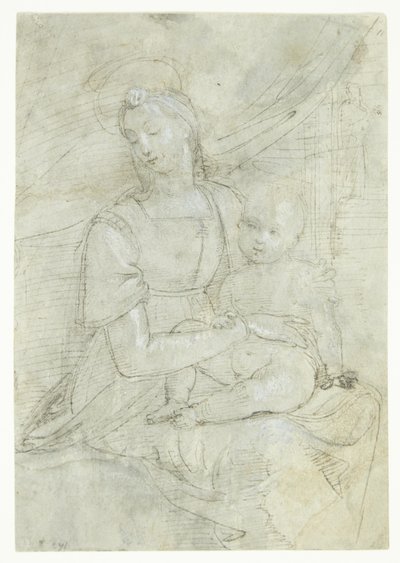 Maria mit dem Jesuskind, sitzend vor einem Vorhang. Im Hintergrund in einer Türöffnung ein Mann von Ubekendt