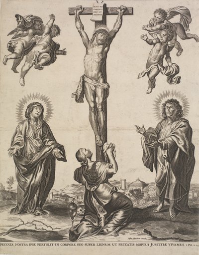 Christus am Kreuz, mit der Jungfrau, Maria Magdalena und St. Johannes und vier Engeln von Ubekendt KKSgb5444