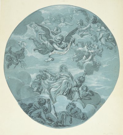 Eine weibliche Heilige auf Wolken, umgeben von Putti, über ihr Engel, die ein Schriftband mit der Aufschrift: Beati pauperes spiritu halten von Ubekendt Ubekendt