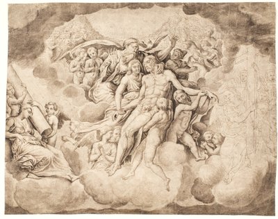 Gott der Vater und die himmlischen Heerscharen beklagen den Leichnam Christi von Ubekendt Ubekendt