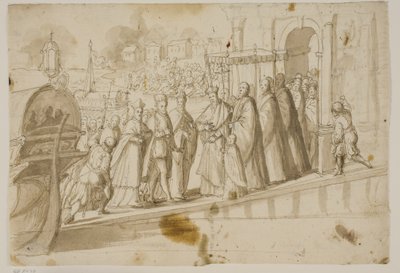 König Heinrich III., Doge Alvise Mocenigo und Kardinal San Sisto werden vom venezianischen Patriarchen Giovanni Trevisan auf dem Lido in Venedig empfangen von Ubekendt Ubekendt