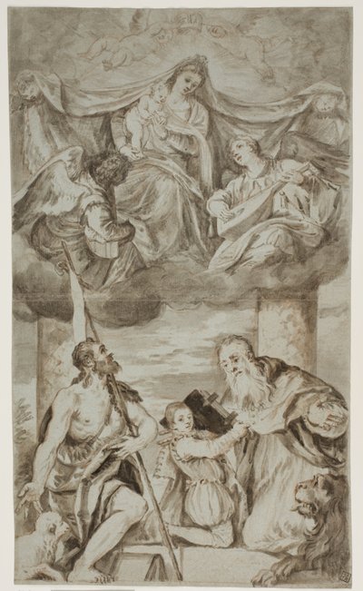 Die Jungfrau und das Kind unter Engeln in den Wolken mit den Heiligen Johannes dem Täufer und Hieronymus, nach Paolo Veroneses Gemälde ehemals in S. Francesco della Vigna, Venedig von Ubekendt Ubekendt