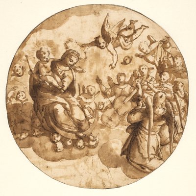 Tondo mit der Madonna und dem Kind auf einer Wolke, umgeben von musizierenden Engeln von Ubekendt Ubekendt