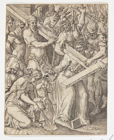 Christus trägt das Kreuz und das Wunder des Veronikatuchs von Ubekendt efter Dirck Volckertsz. Coornhert efter Maarten van Heemskerck