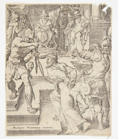 Christus vor Kaiphas von Ubekendt efter Dirck Volckertsz. Coornhert efter Maarten van Heemskerck