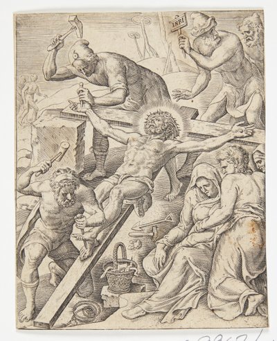 Christus ans Kreuz genagelt von Ubekendt efter Dirck Volckertsz. Coornhert efter Maarten van Heemskerck