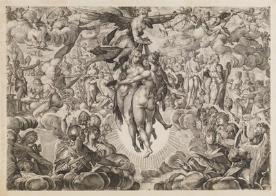 Malerei, Skulptur und Architektur, von den Türken verbannt, nach Olympus zurückgezogen von Ubekendt efter Jan Muller; H. Goltzius; Ae. Sadeler og Lucas Kilian efter Bartholomeus Spranger