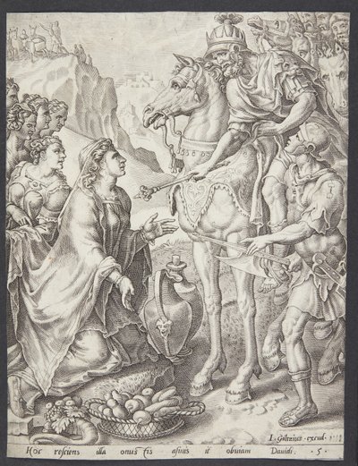 Abigail beruhigt David von Ubekendt efter Maarten van Heemskerck