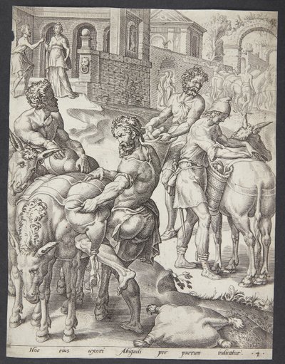 Die Diener von Abigail beladen die Esel mit Nahrung für David von Ubekendt efter Maarten van Heemskerck