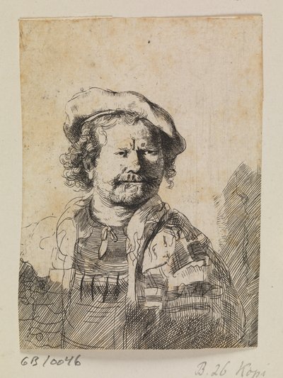 Rembrandt mit flacher Mütze und besticktem Kleid von Ubekendt efter Rembrandt