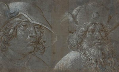 Zwei Männerköpfe im Dreiviertelprofil nach rechts, beide mit auffälligen Hüten. von Ubekendt tysk nederlandsk ca. 1500