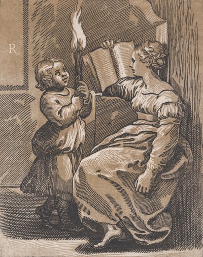 Eine Sibylle liest ein Buch nach links, nach 1518 von Ugo da Carpi
