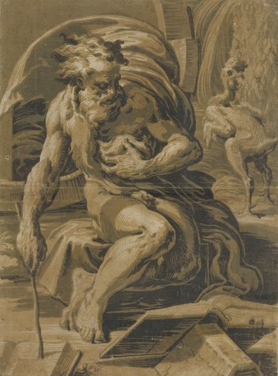 Diogenes, sitzend vor seinem Fass, liest aus einem Buch, ein gerupftes Huhn steht dahinter, ca. 1527-30 von Ugo da Carpi