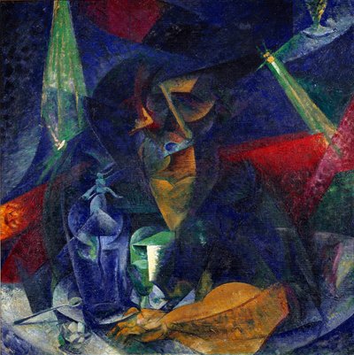 Dame im Café oder Kompentration von Lichtern und Plänen von Umberto Boccioni